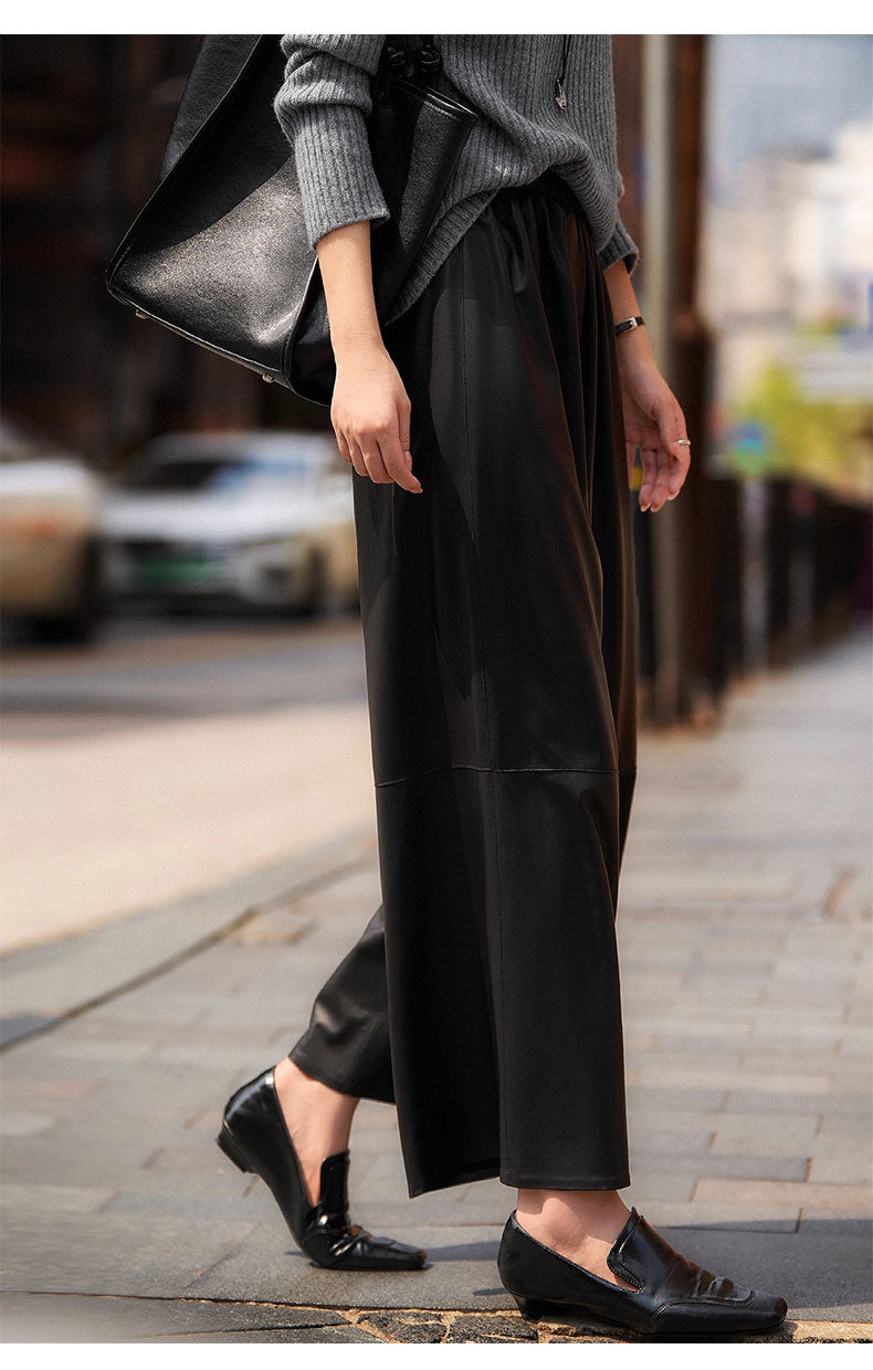 High waist cropped leather wide leg pants