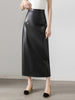 Brown PU Leather High Waist Midi Skirt with Back Slit