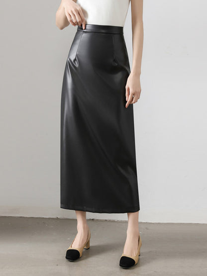 Brown PU Leather High Waist Midi Skirt with Back Slit