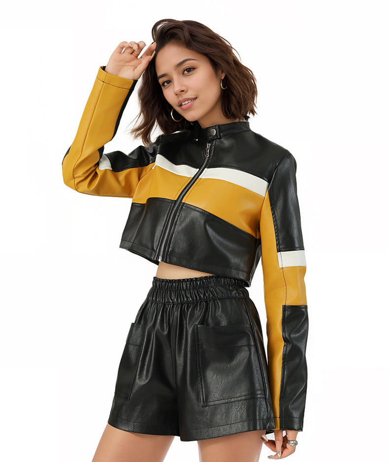 Cropped Faux Leather Moto Biker Jacket for Women