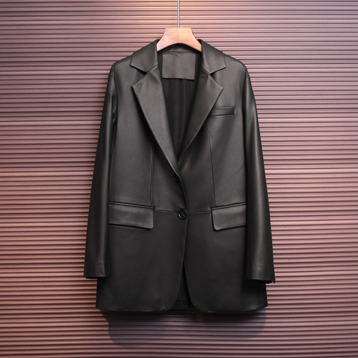 Black genuine leather women blazer jacket