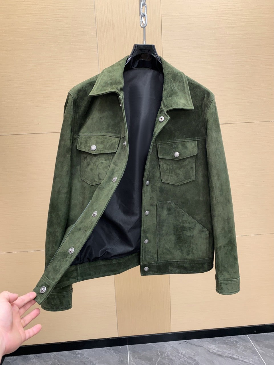 Men’s Dark Green Suede Trucker Jacket Matte Finish