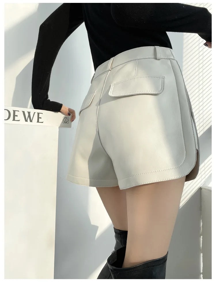 Women Genuine Leather Workwear Shorts High Waisted