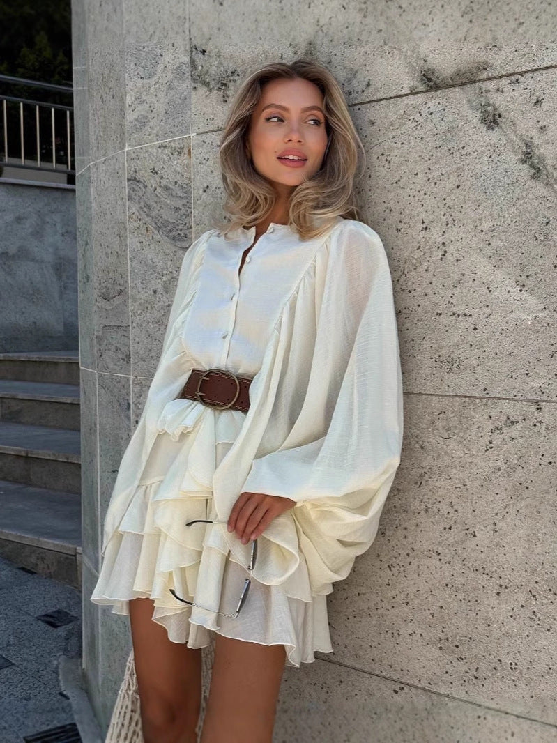 Layered ruffle lantern sleeve mini dress