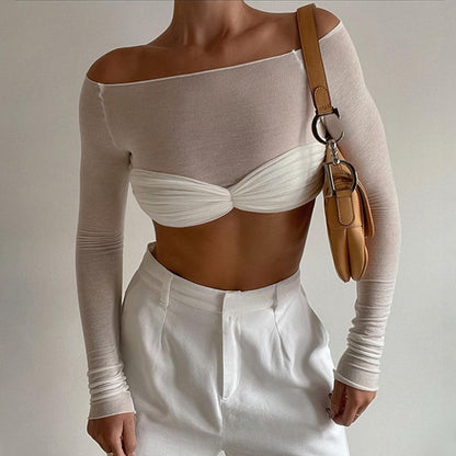 Women’s One Shoulder Exposed Waist Mesh Crop Top Long Sleeve Blouse