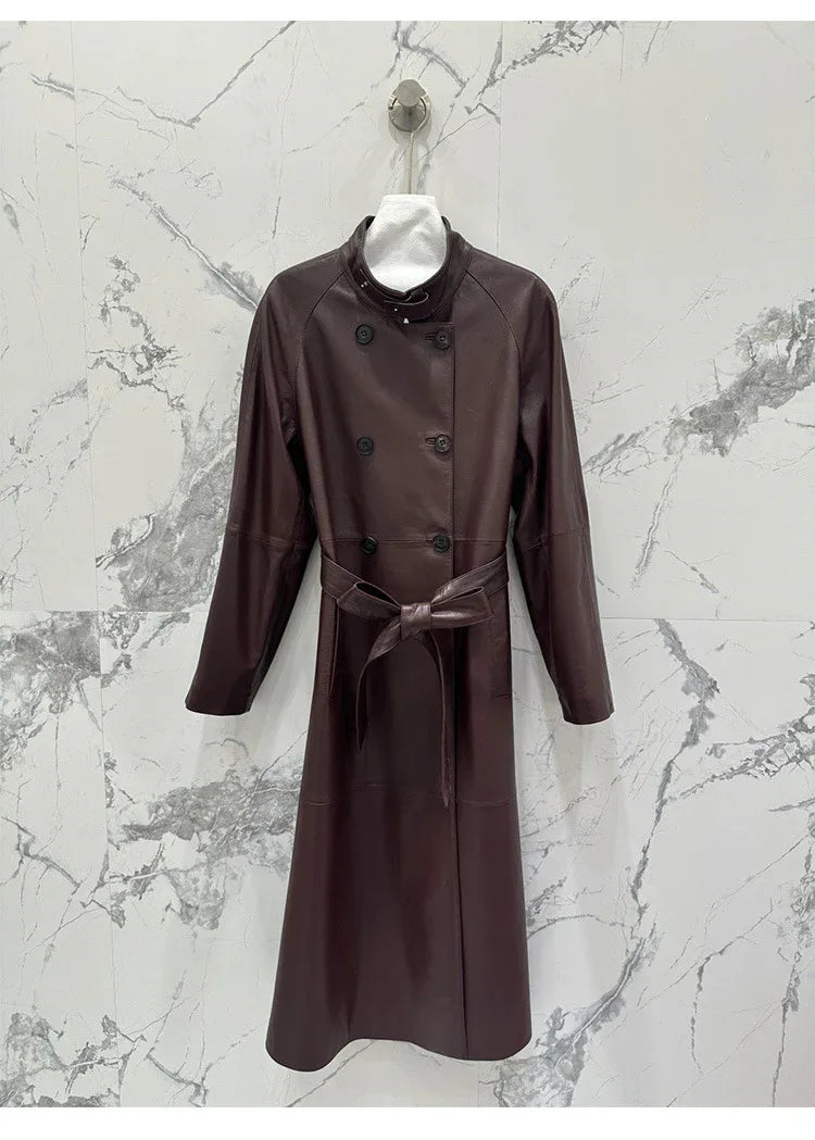 Women sheepskin leather trench coat long belt - Boho Living Room