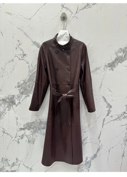 Women sheepskin leather trench coat long belt - Boho Living Room