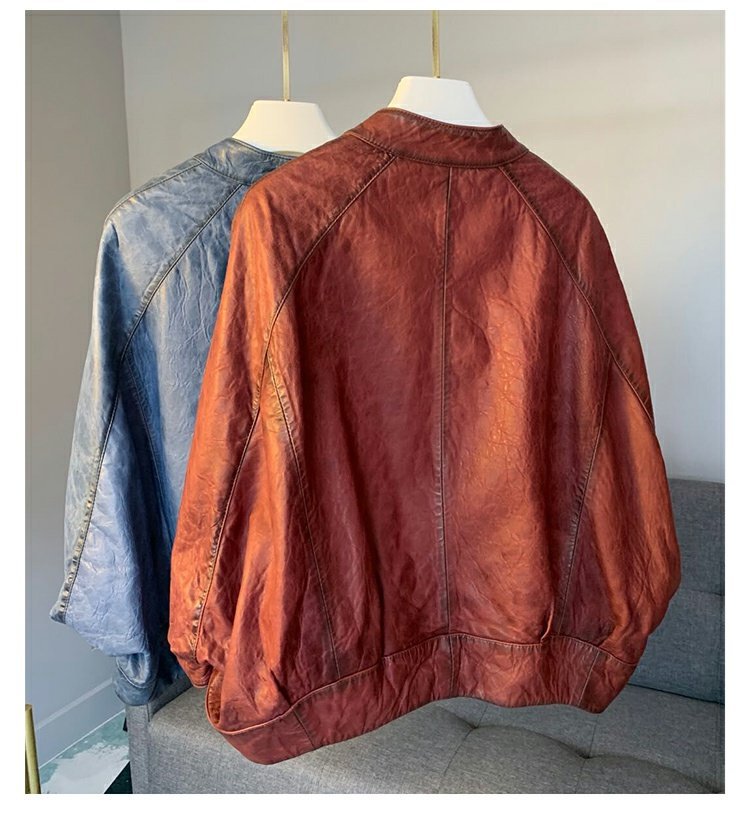 Retro distressed leather bomber jacket women