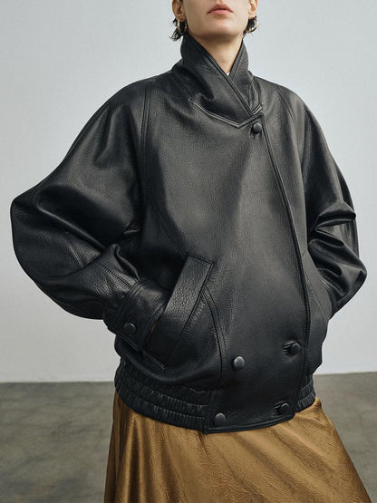 Women Leather Bomber Jacket Oversized Genuine Leather Black S