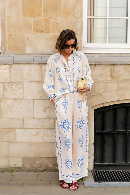 Macaron print linen coastal two piece outfit