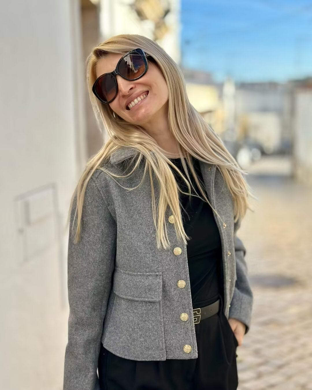 Women’s Wool Blend Cropped Jacket with Gold Metal Buttons