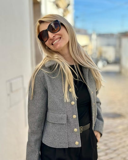 Women’s Wool Blend Cropped Jacket with Gold Metal Buttons