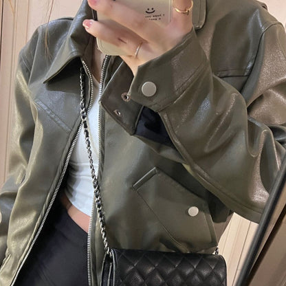 Women’s Green Faux Leather Cropped Jacket