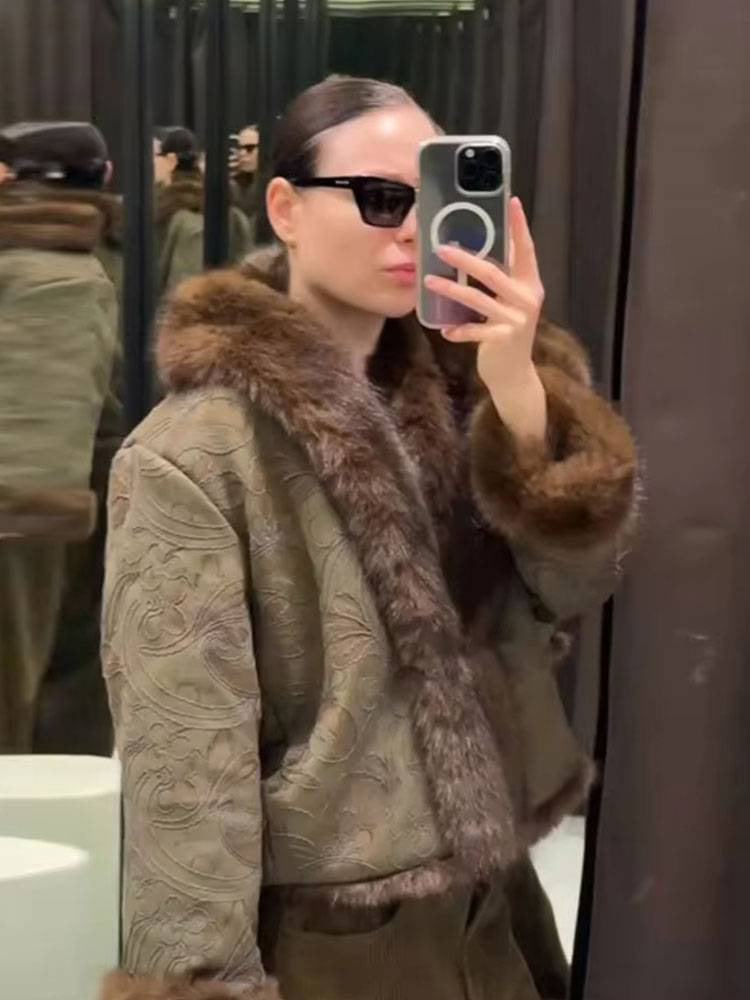 Embroidered reversible faux fur short coat