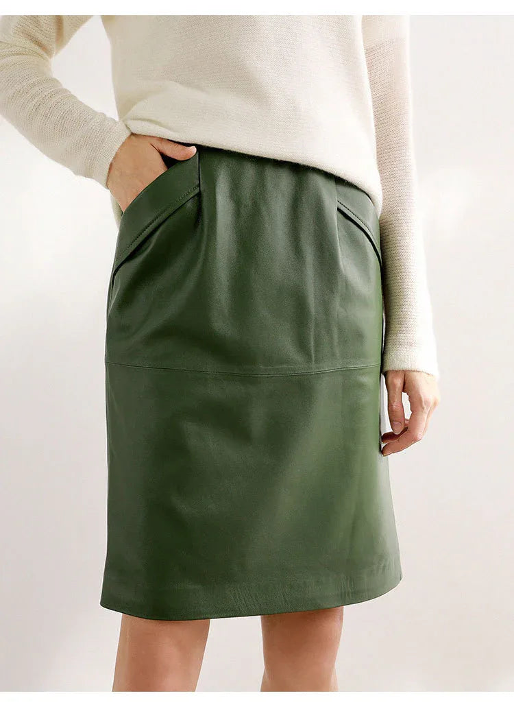 Green lambskin high waist a-line midi leather skirt