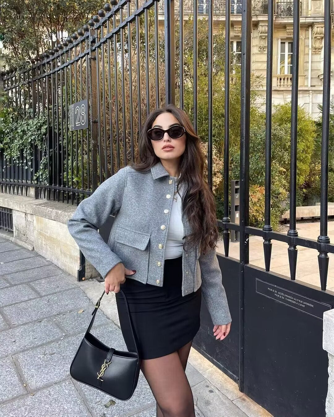 Women’s Wool Blend Cropped Jacket with Gold Metal Buttons