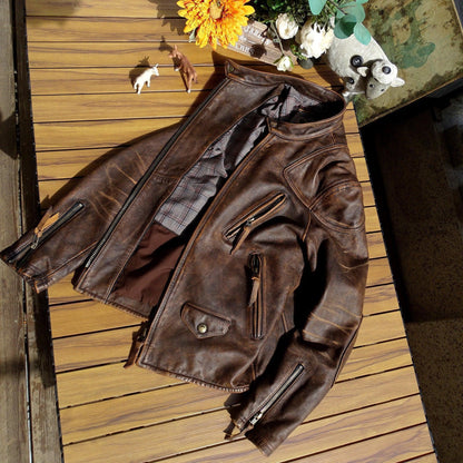 Men’s Distressed Cowhide Slim Fit Motorcycle Jacket