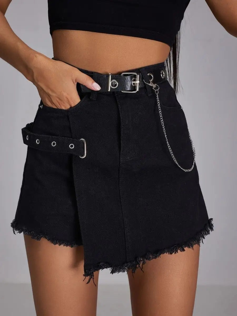 Asymmetrical denim mini skort with frayed hem