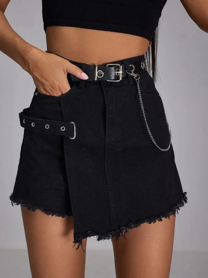Asymmetrical denim mini skort with frayed hem