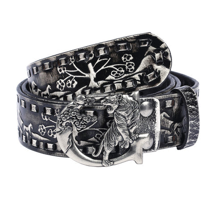 Women punk embossed leather tiger buckle belt