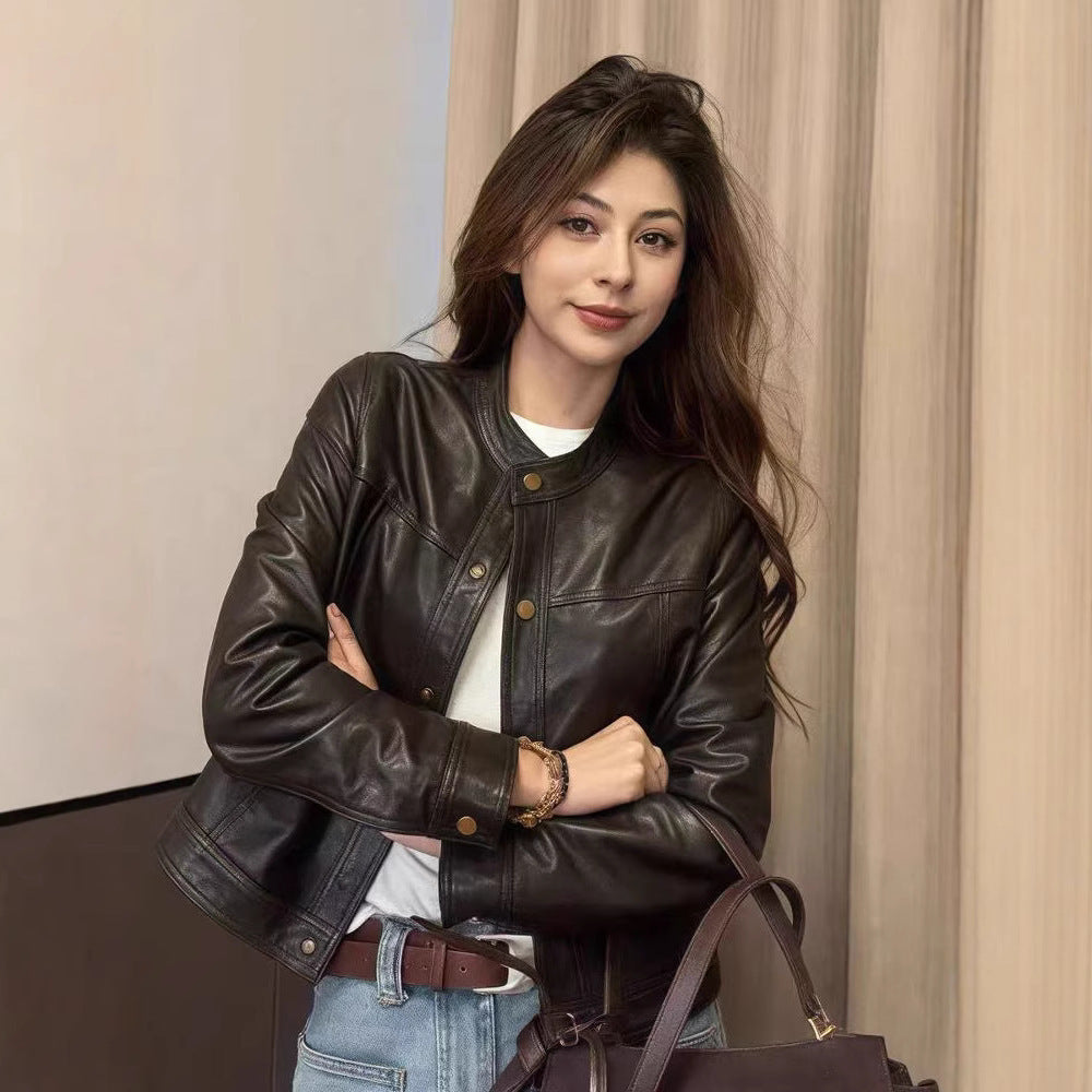 Women slim fit sheepskin biker leather jacket Black M