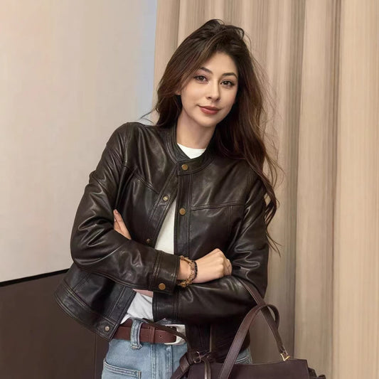 Women slim fit sheepskin biker leather jacket Black M