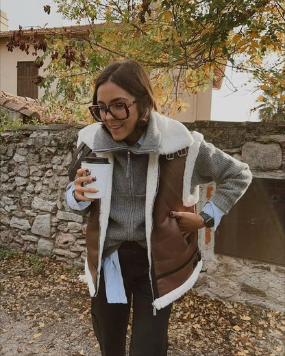 Faux suede fleece lined sleeveless vest jacket