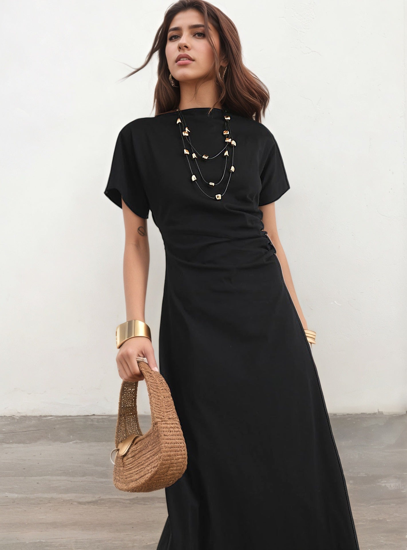 Summer Maxi Dress Draped Waist Short Sleeve
