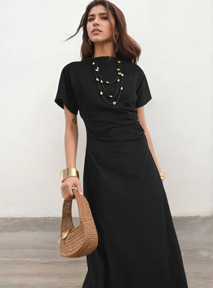 Summer Maxi Dress Draped Waist Short Sleeve