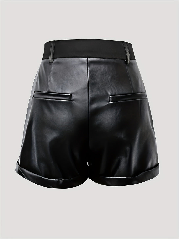 Black Faux Leather High Waisted Shorts for Women with Folded Hem