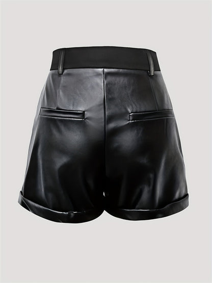 Black Faux Leather High Waisted Shorts for Women with Folded Hem
