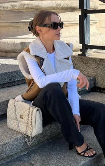 Double sided faux shearling biker vest women