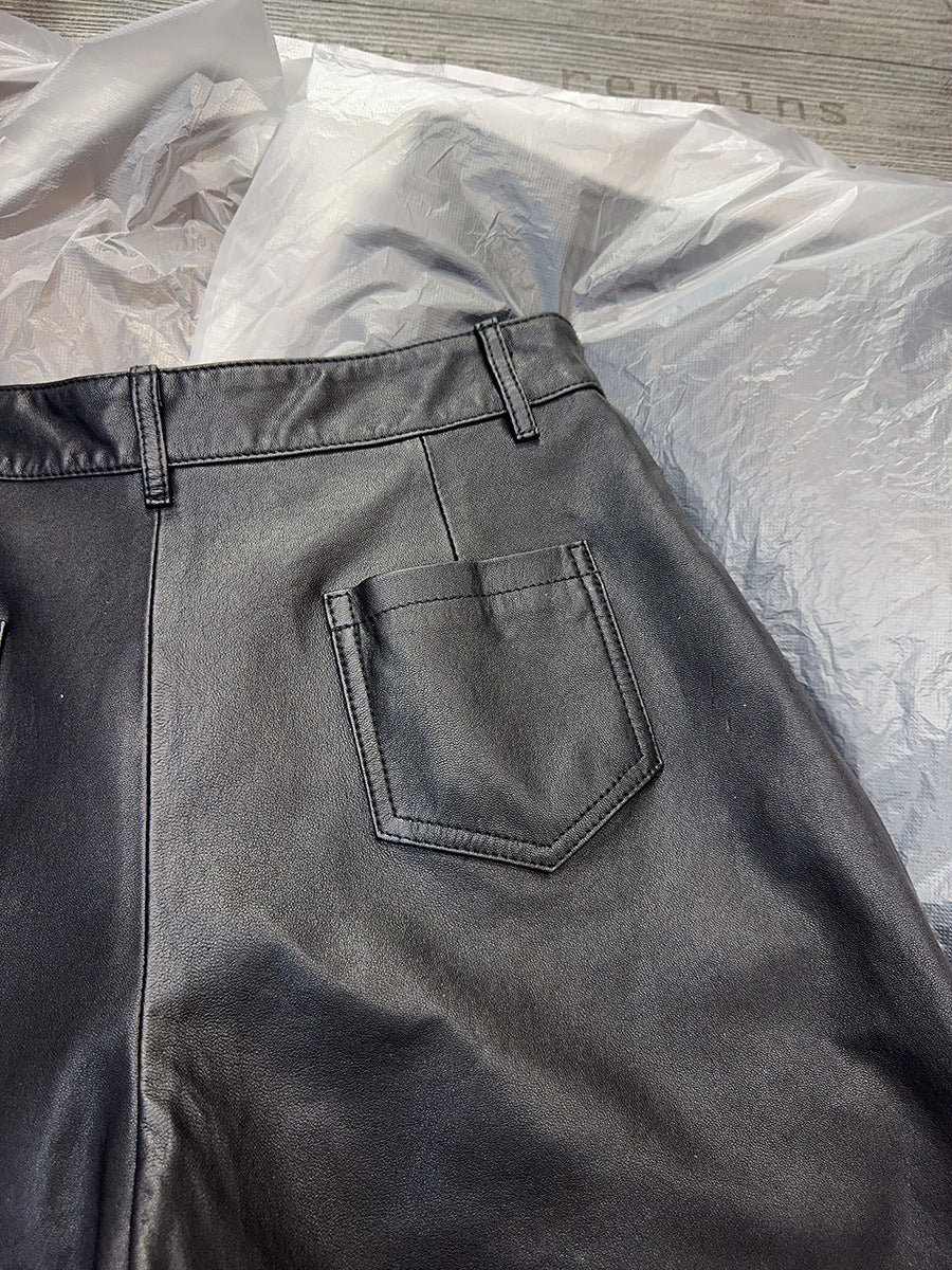 Black Leather Wide-Leg Shorts High Waist Women Shorts