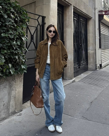 Brown Modern Biker Oversized Suede Jacket Women