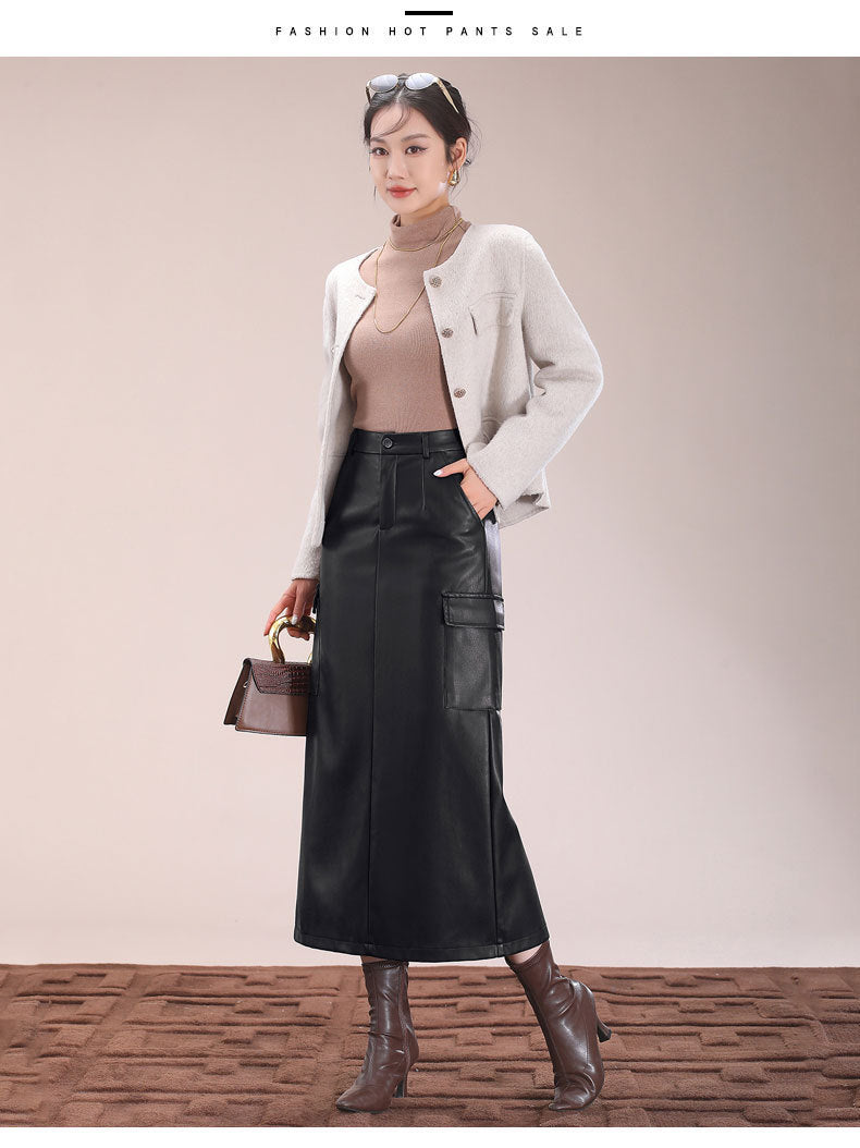 Flap Pocket Split Thigh Imitation Leather Skirt
