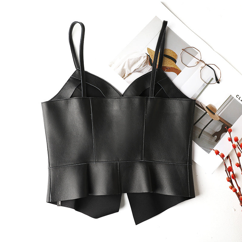 Women Genuine Leather Tube Top Black Bustier with Straps