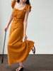 White flutter sleeve linen maxi dress with open back waist fit