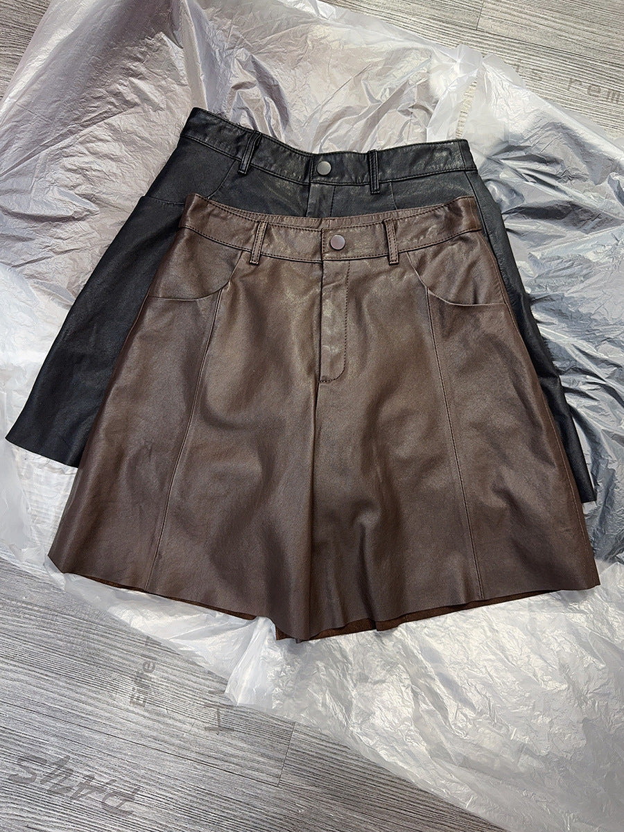 Black Leather Wide-Leg Shorts High Waist Women Shorts