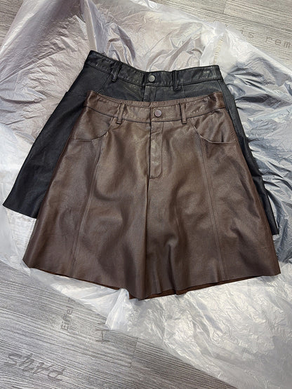 Black Leather Wide-Leg Shorts High Waist Women Shorts