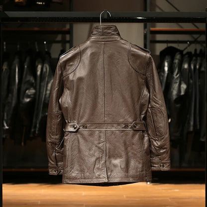 Men Brown Belted Leather Hunting Jacket