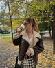 Brown shearling jacket with faux leather zip details