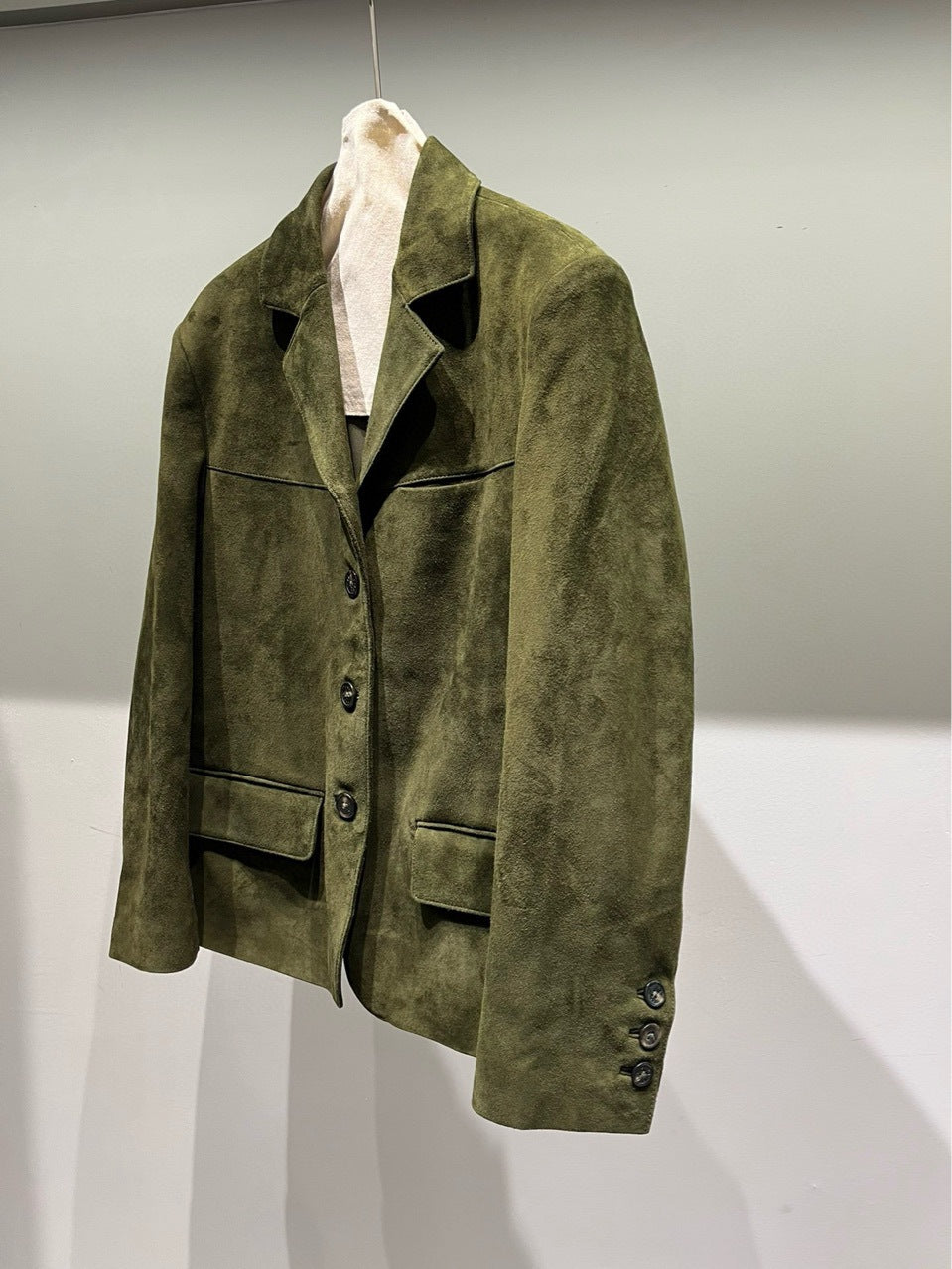 Olive Green Suede Leather Blazer for Women
