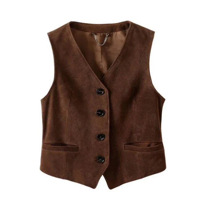 Women Brown Genuine Suede Leather Vest