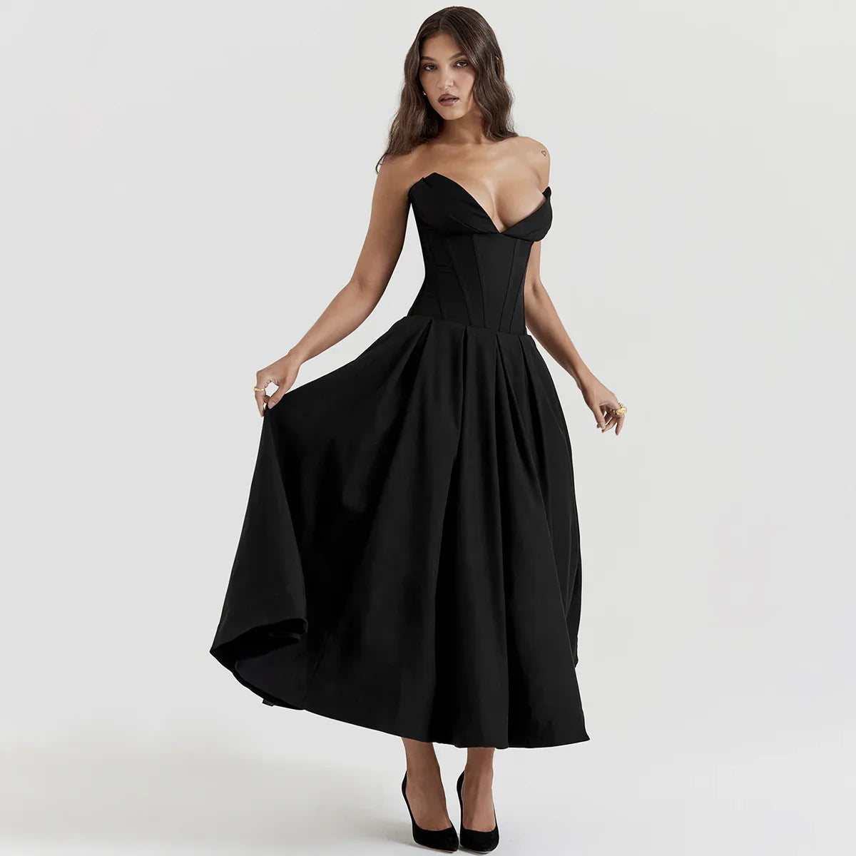 strapless v-neck corset a-line long dress