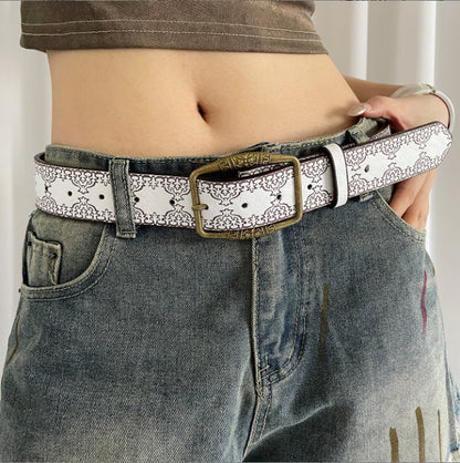 Vintage Printed Faux Leather Belt for Women