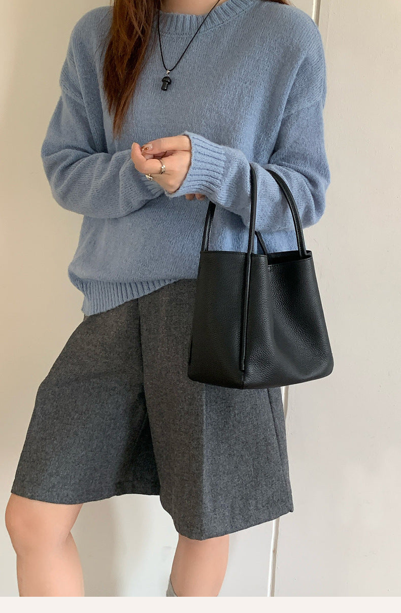 Women Soft Top Grain Leather Bucket Bag