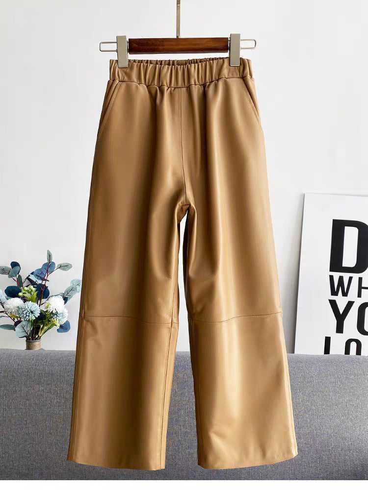 Women High Waisted Genuine Leather Straight Leg Pants