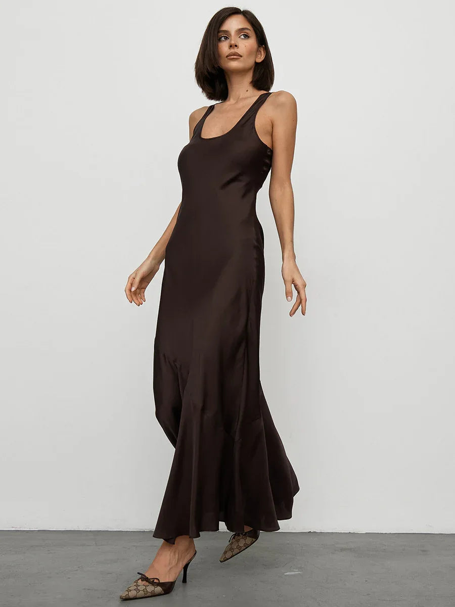 New satin maxi dress in cocoa brown