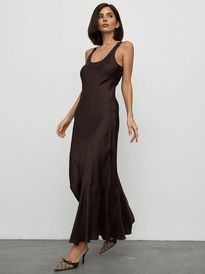 New satin maxi dress in cocoa brown