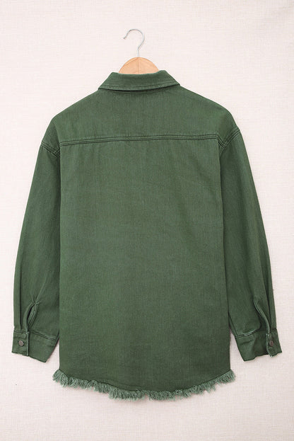 Oversized Lightweight Denim Shirt Jacket With Frayed Hem
